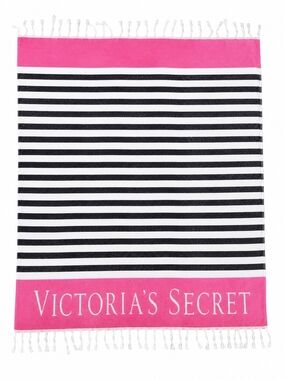 VICTORIA'S SECRET | Pink Black Stripe Terry Beach Towel Blanket Fringe | 52x39